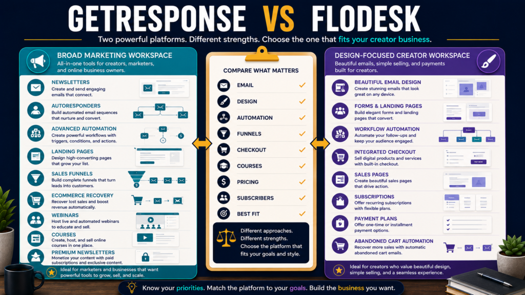 Comparison of GetResponse and Flodesk for email marketing, design, automation, landing pages, funnels, checkout, courses, subscriber pricing, and creator businesses.