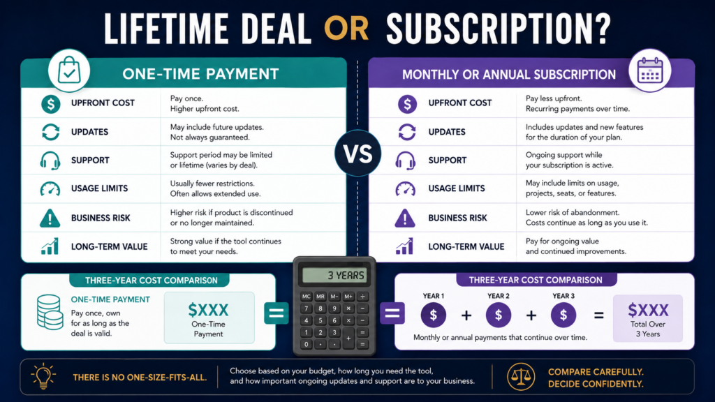 Balanced comparison of lifetime-deal and subscription software across cost, updates, support, limits, risk, and long-term value.