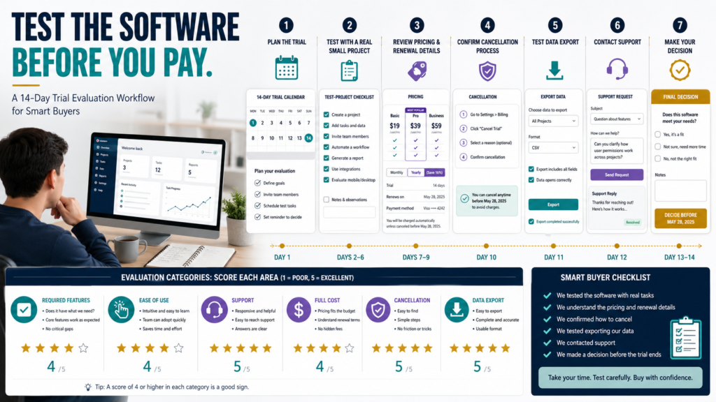 Beginner evaluating a software free trial using a calendar, test project, pricing review, cancellation reminder, and final decision checklist.