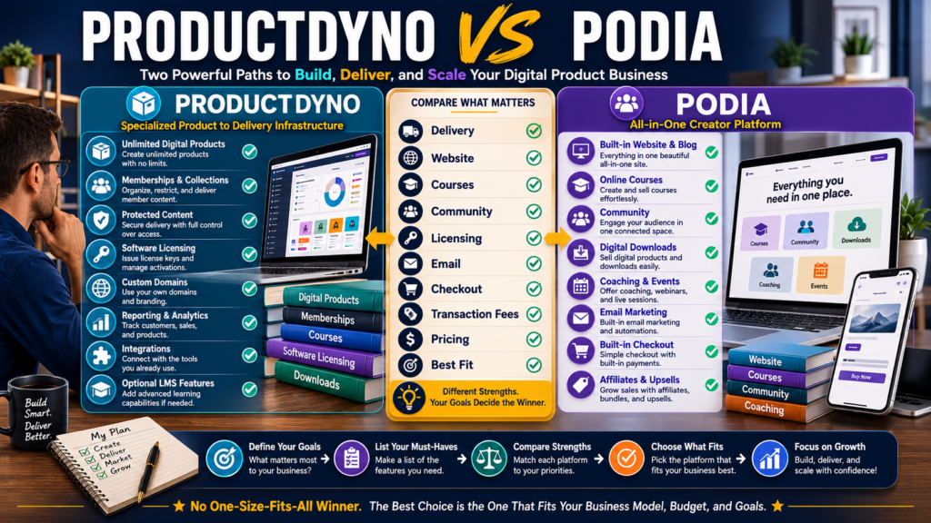 Comparison of ProductDyno and Podia for digital-product delivery, websites, courses, communities, software licensing, email marketing, checkout, transaction fees, and pricing.