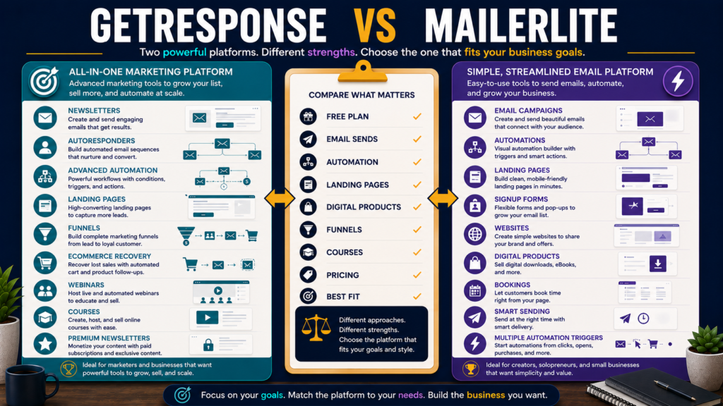 Comparison of GetResponse and MailerLite for email sends, automation, landing pages, digital products, funnels, courses, pricing, and beginner businesses.
