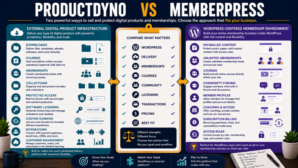 Comparison of ProductDyno and MemberPress for WordPress, digital-product delivery, memberships, courses, community, software licensing, transaction fees, and pricing.