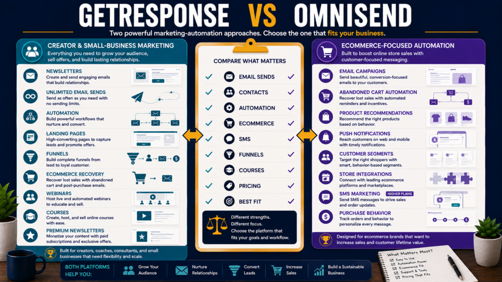 Comparison of GetResponse and Omnisend for email sends, contacts, automation, ecommerce marketing, SMS, funnels, courses, pricing, and small-business use.