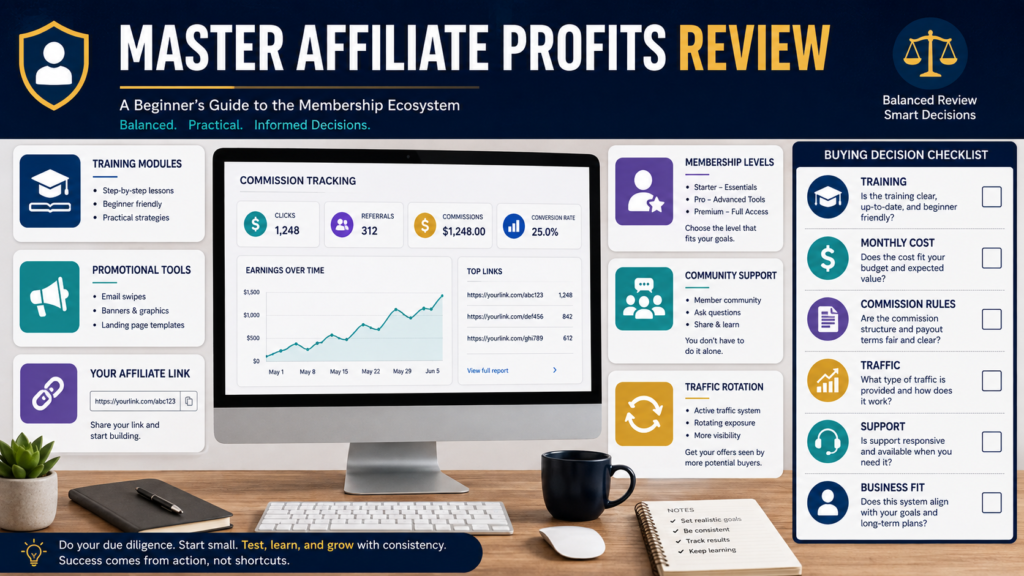 Beginner evaluating an affiliate-marketing membership with training, promotional tools, membership levels, commissions, and traffic features.