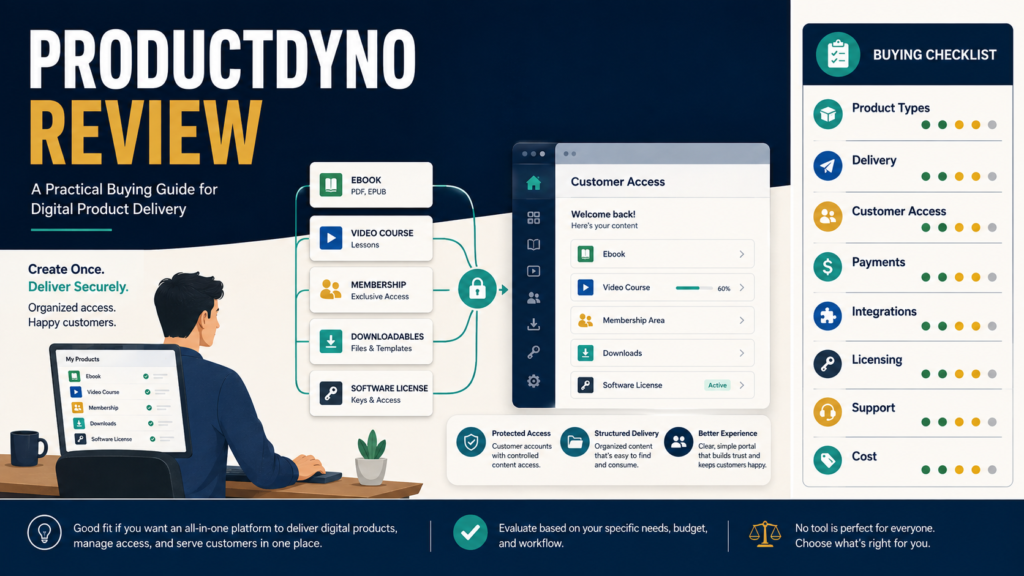 Creator reviewing ProductDyno for delivering ebooks, courses, memberships, digital files, and software licenses.