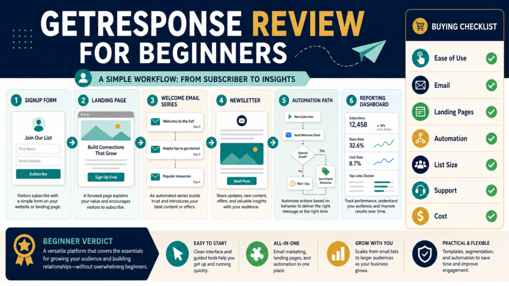 ALT Text: Beginner reviewing email campaigns, landing pages, automation, reporting, and cost before choosing GetResponse.