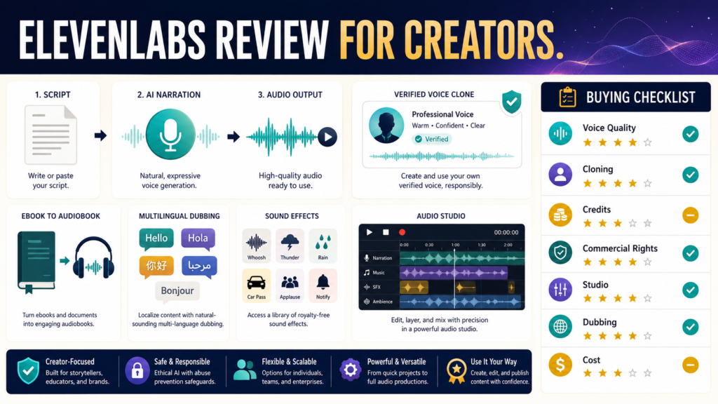 Content creator evaluating ElevenLabs for narration, audiobooks, personal voice cloning, dubbing, and audio production.