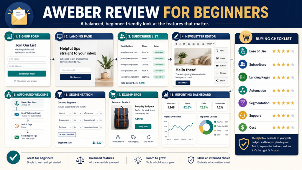 Beginner evaluating AWeber email campaigns, landing pages, automation, segmentation, support, and pricing.