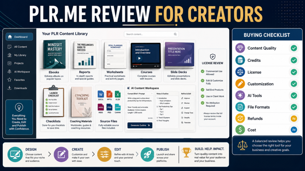Creator evaluating PLR.me content, editable files, licensing, credit plans, AI tools, and customization options.