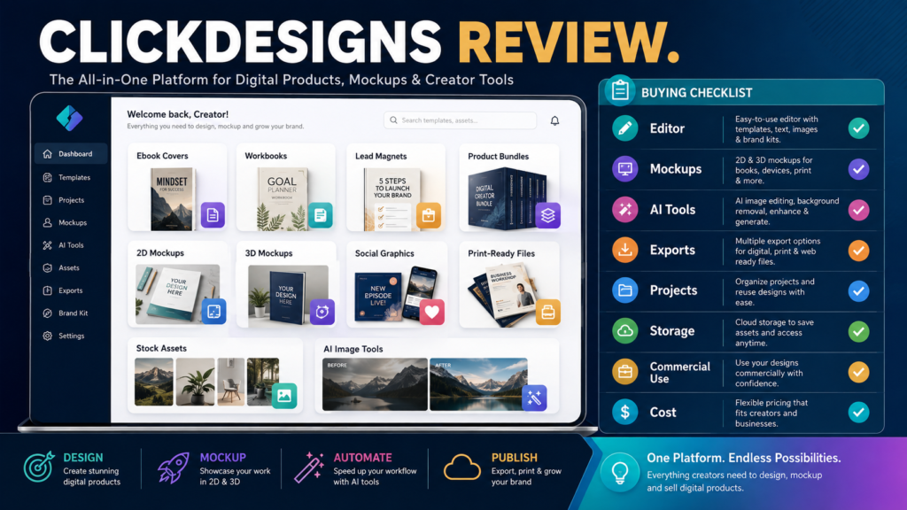 Digital product creator evaluating ClickDesigns for ebook covers, mockups, AI design tools, social graphics, exports, and commercial use.
