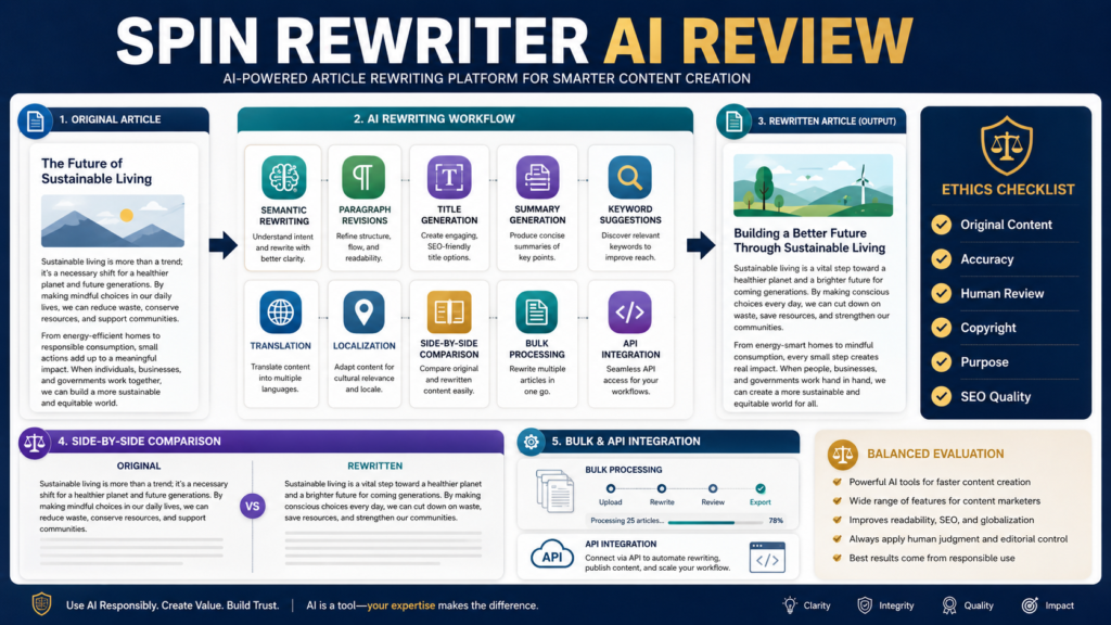 Content creator evaluating Spin Rewriter AI for rewriting original articles, bulk processing, AI features, translation, localization, and API use.