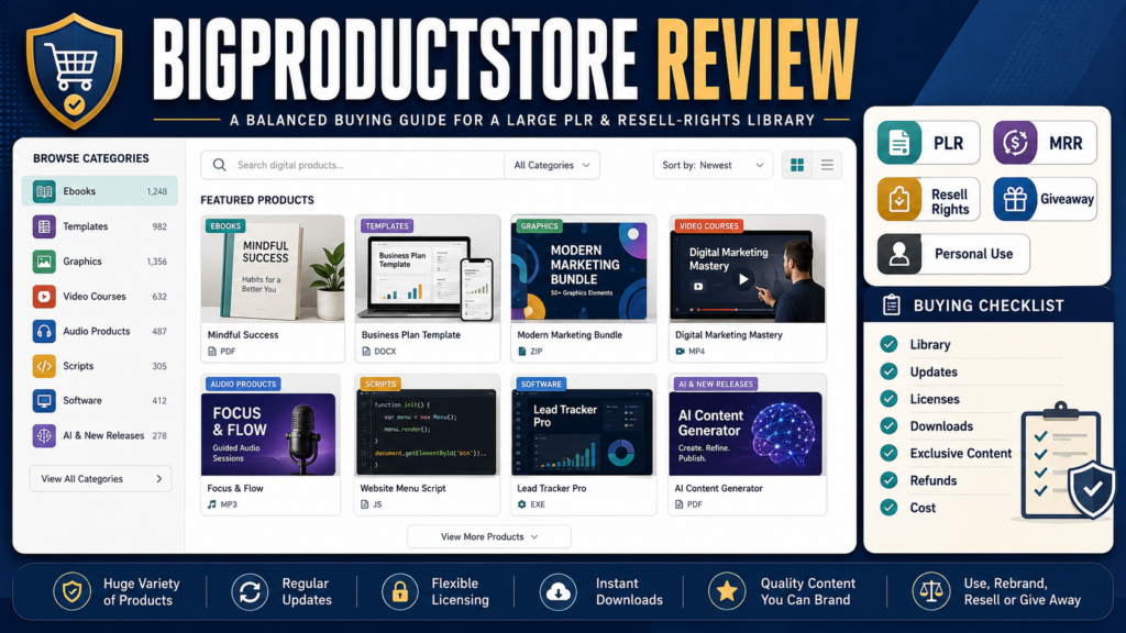Creator evaluating BigProductStore products, membership options, licenses, downloads, exclusive content, refund terms, and pricing.