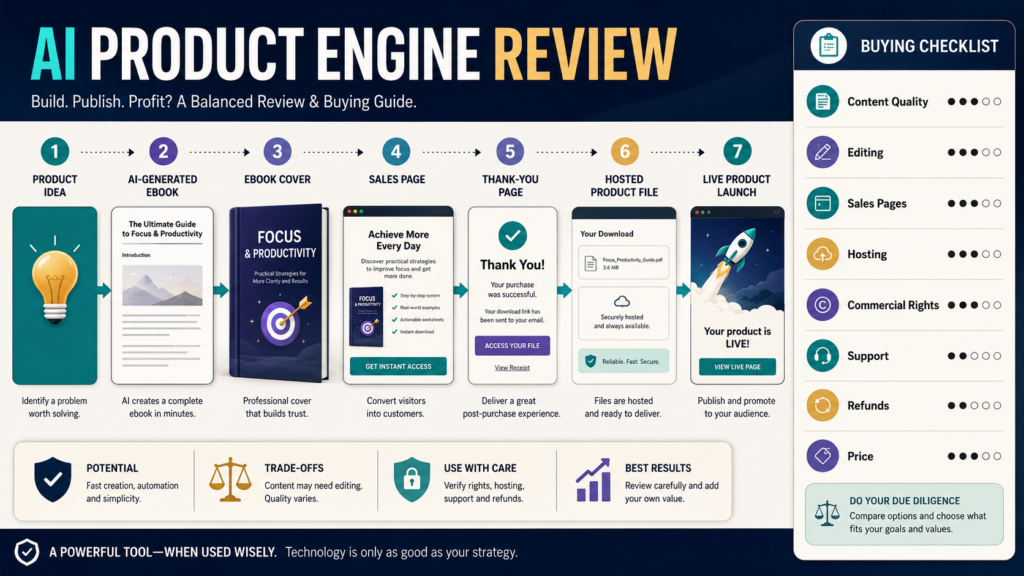 Digital-product creator evaluating AI Product Engine for ebooks, covers, sales pages, thank-you pages, hosting, and commercial use.