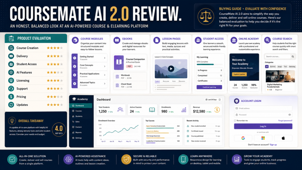 Creator evaluating CourseMate AI 2.0 for course creation, eLearning delivery, student access, licensing, support, and pricing.