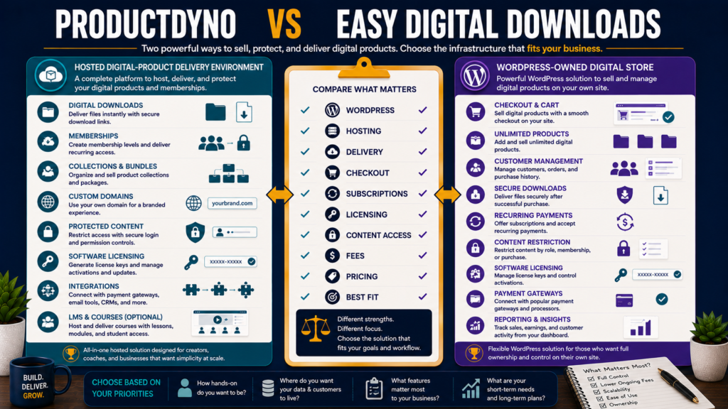 Comparison of ProductDyno and Easy Digital Downloads for WordPress, hosting, product delivery, checkout, subscriptions, software licensing, content access, fees, and pricing.