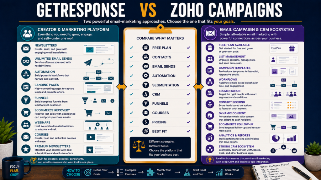 Comparison of GetResponse and Zoho Campaigns for free plans, contacts, email sends, automation, segmentation, CRM integration, funnels, courses, pricing, and small-business fit.