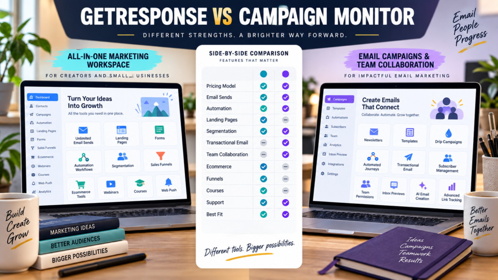 GetResponse vs MailerSend comparison of marketing email, transactional email, API, SMTP, automation, landing pages, messaging, funnels, courses, and pricing.
