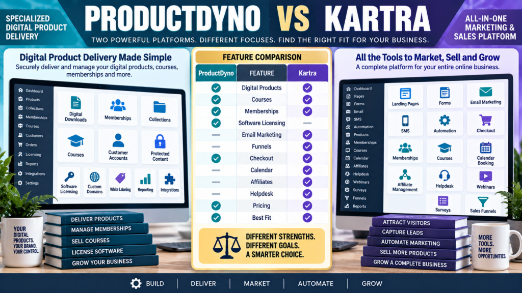 ProductDyno vs Kartra comparison for digital products, memberships, courses, software licensing, email, funnels, checkout, calendars, affiliates, helpdesk, and pricing.