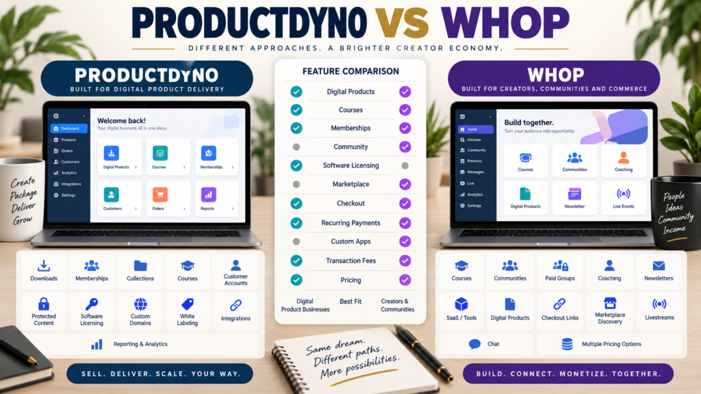 ProductDyno vs Whop comparison for digital products, courses, memberships, communities, software, marketplace discovery, checkout, recurring payments, and pricing.