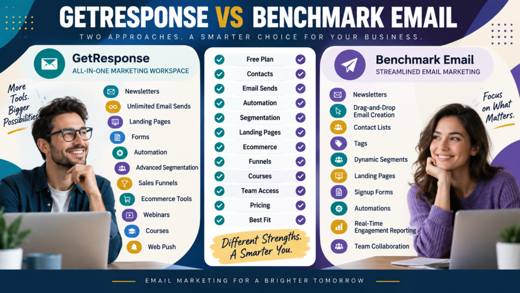 GetResponse vs Benchmark Email comparison of free plans, contacts, email sends, automation, segmentation, landing pages, ecommerce, funnels, courses, and pricing.
