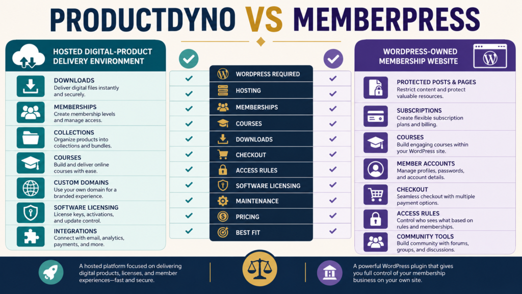 ProductDyno vs MemberPress comparison of digital-product delivery, memberships, courses, checkout, and WordPress ownership.