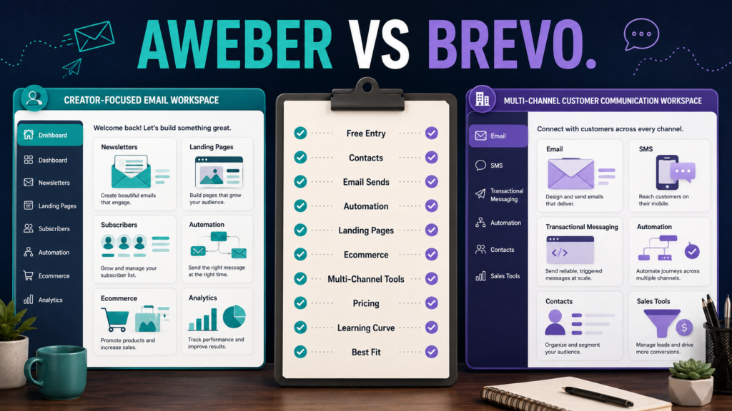 AWeber vs Brevo comparison of email marketing, automation, contacts, landing pages, and multi-channel features.