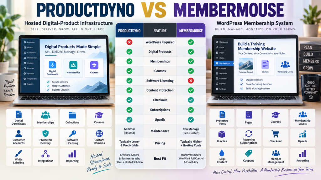 ProductDyno vs MemberMouse comparison covering digital products, memberships, courses, licensing, WordPress, content protection, subscriptions, checkout, and pricing.