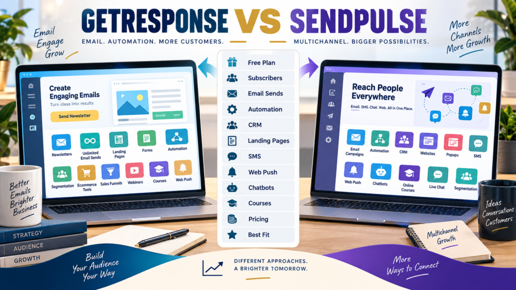 GetResponse vs SendPulse comparison covering email marketing, automation, CRM, landing pages, SMS, web push, chatbots, courses, pricing, and free plans.