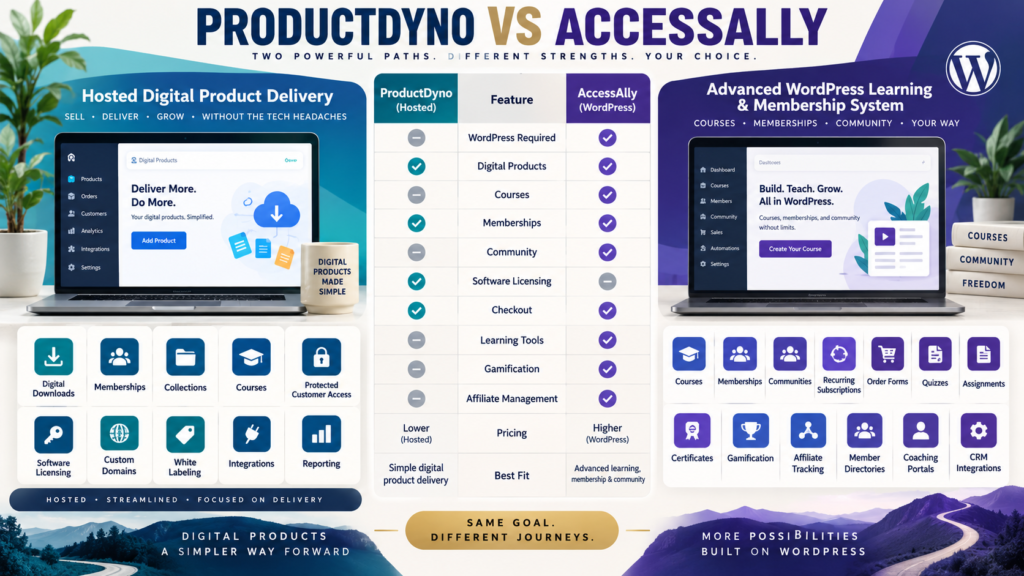 ProductDyno vs AccessAlly comparison covering digital products, courses, memberships, communities, licensing, WordPress, checkout, learning tools, affiliates, and pricing.