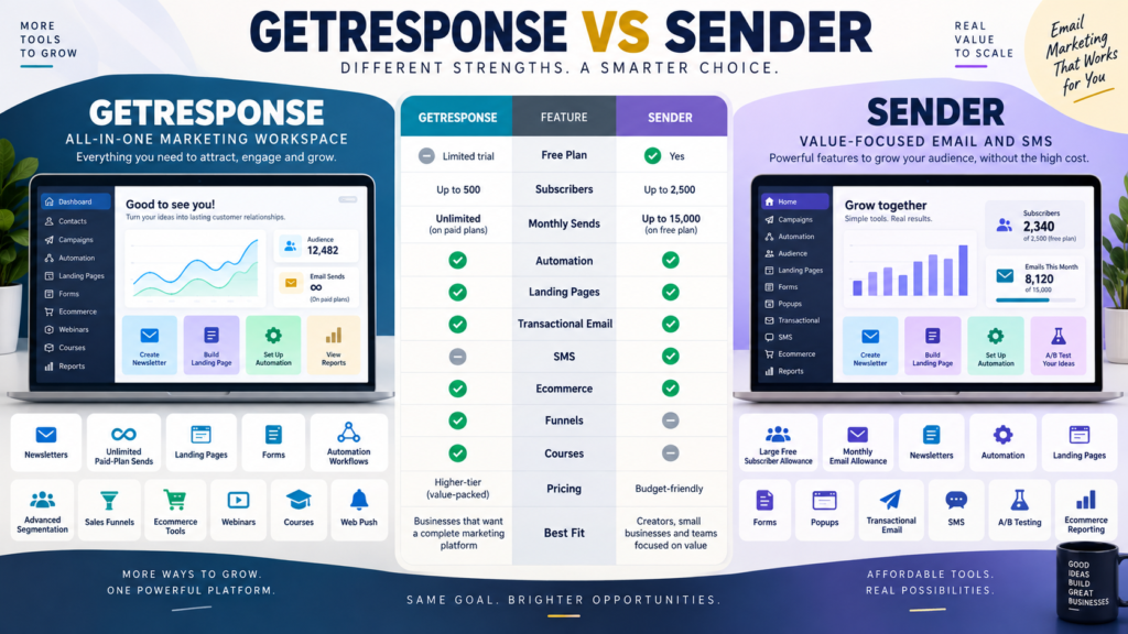 GetResponse vs Sender comparison covering free plans, subscribers, sends, automation, landing pages, transactional email, SMS, ecommerce, funnels, courses, and pricing.