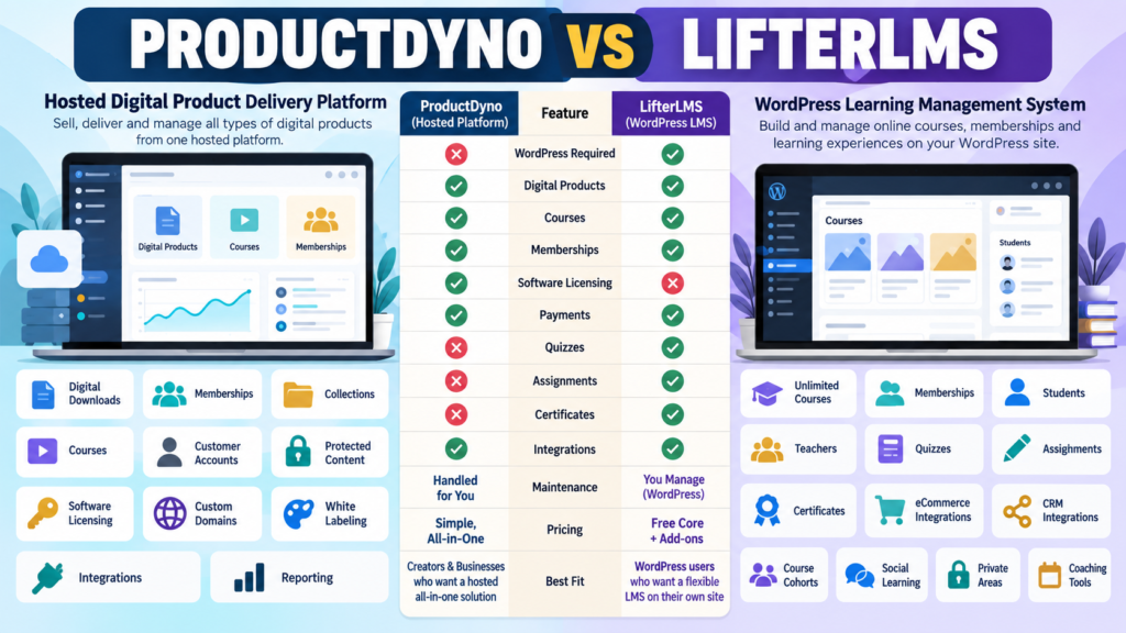 ProductDyno vs LifterLMS comparison covering digital products, courses, memberships, licensing, WordPress, payments, quizzes, assignments, certificates, and pricing.