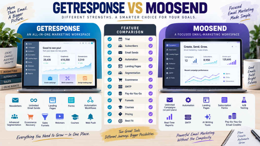 GetResponse vs Moosend comparison covering pricing, email sends, automation, landing pages, segmentation, ecommerce, SMTP, pay-as-you-go credits, funnels, and courses.