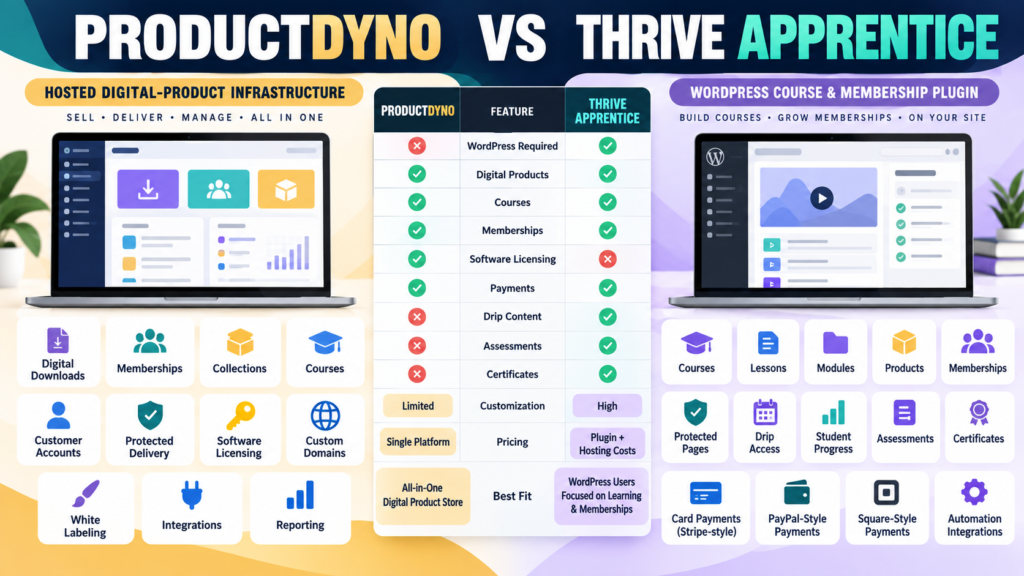 ProductDyno vs Thrive Apprentice comparison covering digital products, courses, memberships, licensing, WordPress, payments, drip content, assessments, and pricing.