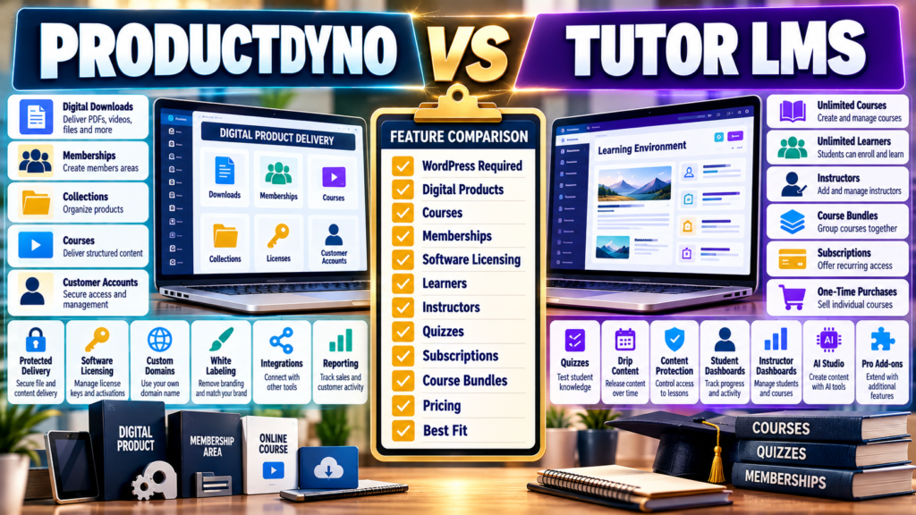 ProductDyno vs Tutor LMS comparison covering digital products, courses, memberships, software licensing, WordPress, learners, instructors, quizzes, subscriptions, and pricing.