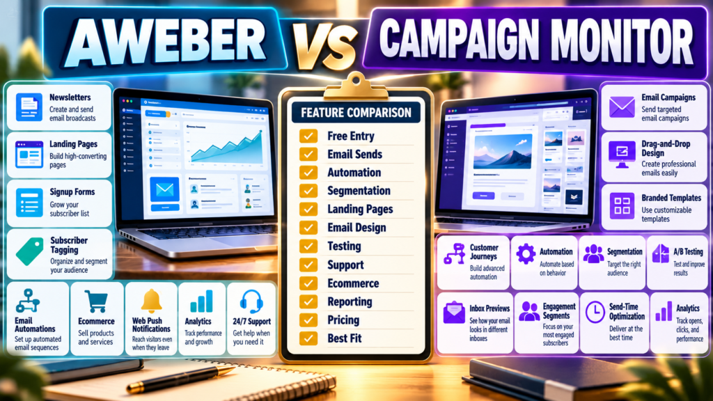 AWeber vs Campaign Monitor comparison of email sends, automations, segmentation, landing pages, email design, testing, support, ecommerce, and pricing.