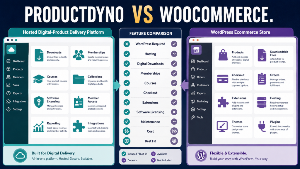 ProductDyno vs WooCommerce comparison for selling and delivering digital products.