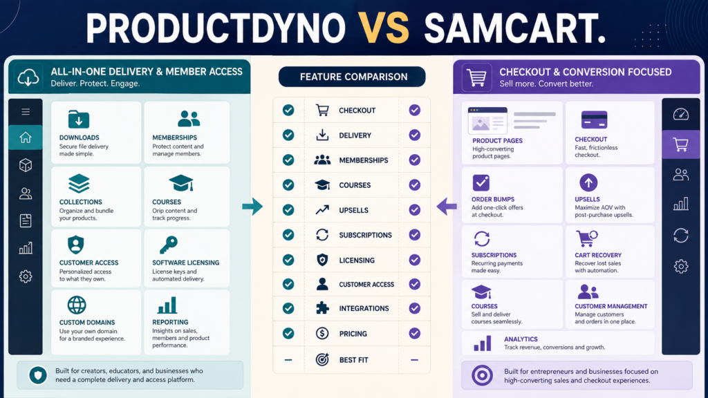 ProductDyno vs SamCart comparison for digital-product checkout, delivery, memberships, courses, upsells, subscriptions, and licensing.
