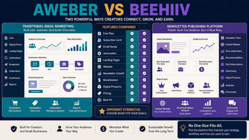 AWeber vs beehiiv comparison of email marketing, newsletter publishing, automation, growth, monetization, and pricing.