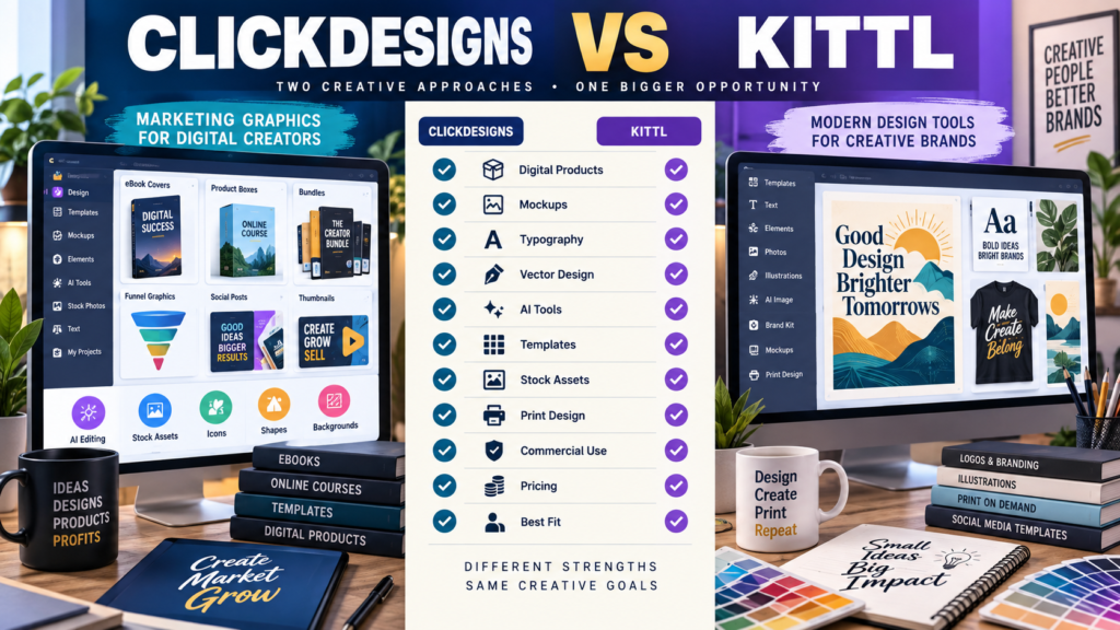ClickDesigns vs Kittl comparison for digital-product graphics, mockups, typography, vector design, AI tools, templates, and commercial use.