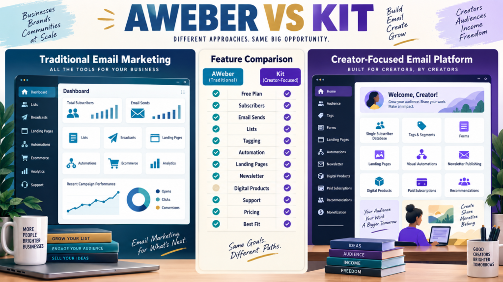 AWeber vs Kit comparison of subscriber management, email sending, automation, landing pages, newsletters, digital products, and pricing.