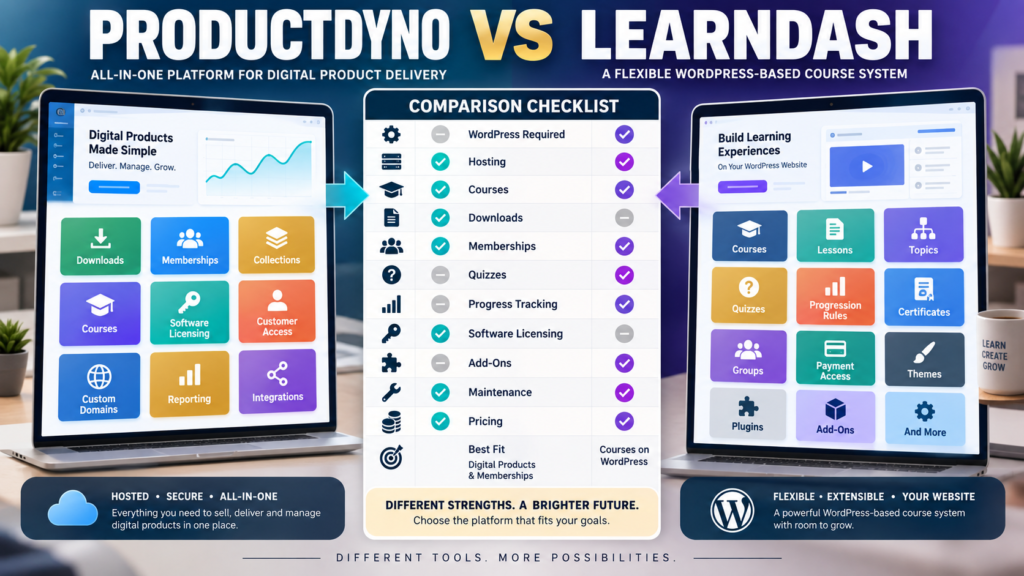 ProductDyno vs LearnDash comparison for courses, digital products, memberships, customer access, WordPress, quizzes, licensing, and maintenance.