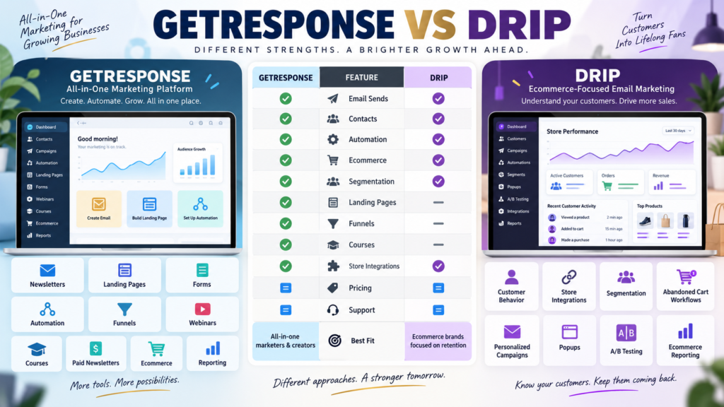 GetResponse vs Drip comparison of email marketing, automation, ecommerce segmentation, funnels, landing pages, courses, integrations, and pricing.