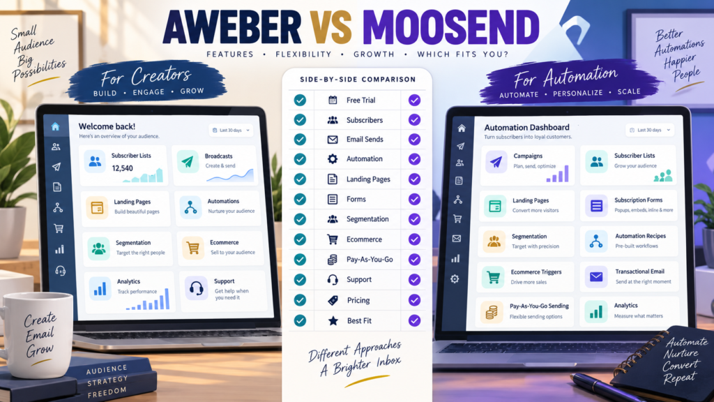 AWeber vs Moosend comparison of email campaigns, automation, landing pages, subscription forms, segmentation, ecommerce, sending plans, and pricing.