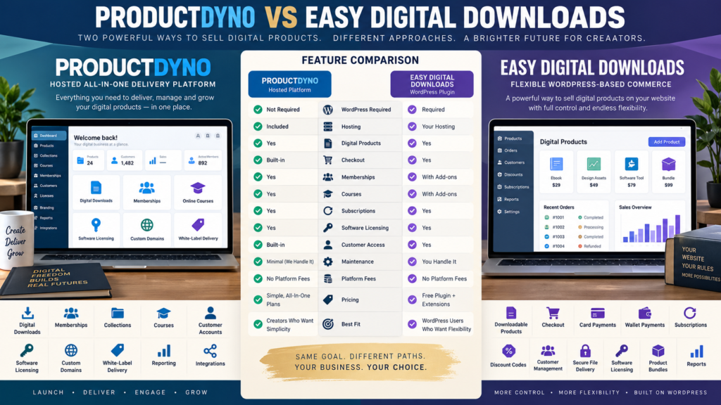 ProductDyno vs Easy Digital Downloads comparison for digital products, checkout, memberships, subscriptions, software licensing, WordPress, and pricing.