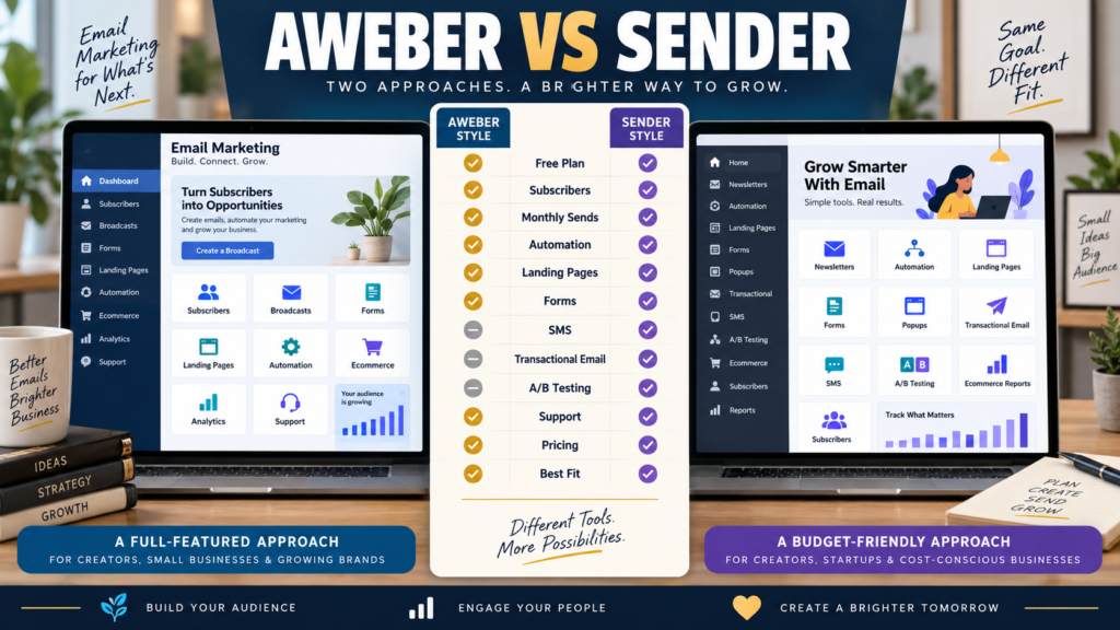 AWeber vs Sender comparison of free plans, subscriber limits, email sends, automation, landing pages, forms, SMS, transactional email, and pricing.