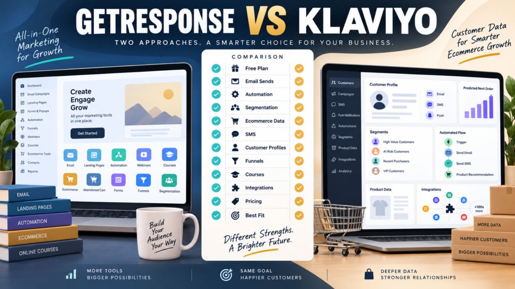 GetResponse vs Klaviyo comparison covering email sends, automation, ecommerce data, segmentation, customer profiles, SMS, funnels, courses, integrations, and pricing.