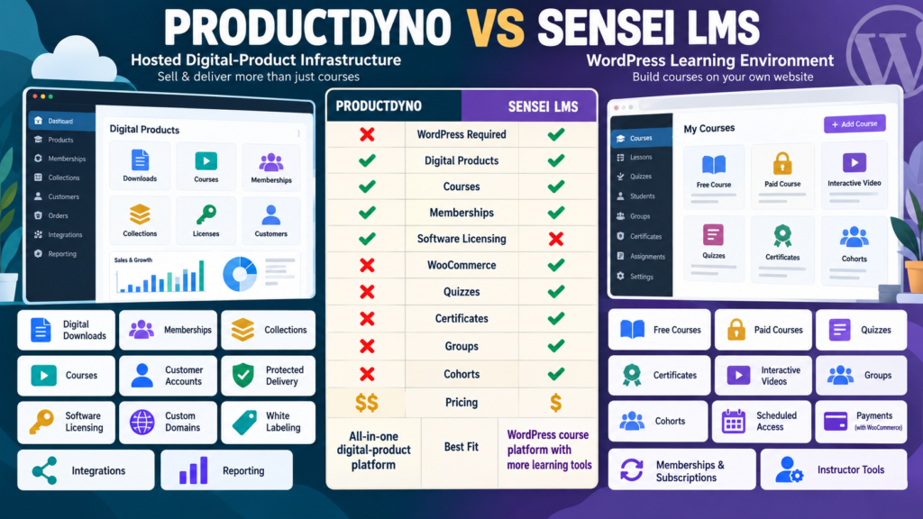 : ProductDyno vs Sensei LMS comparison covering digital products, courses, memberships, software licensing, WordPress, WooCommerce, quizzes, certificates, groups, and cohorts.