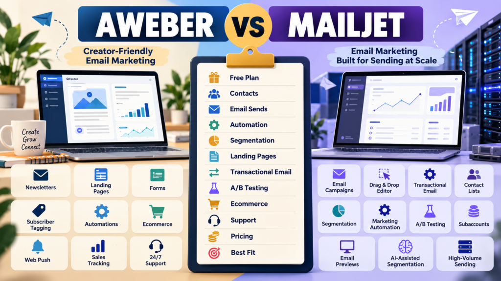 AWeber vs Mailjet comparison covering free plans, contacts, email sends, automation, segmentation, transactional email, ecommerce, testing, and pricing.